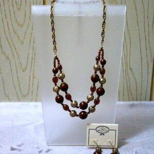 Catherine Stein Design Women's Brown & Gold Beaded Necklace & Earrings Set